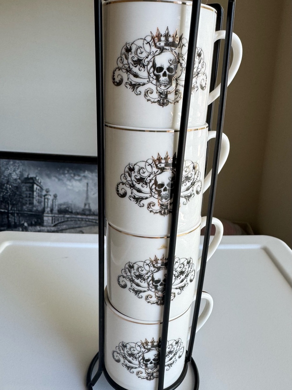 Skull Crown Stackable Mugs Set with Black Rack - White and Gold Accents
